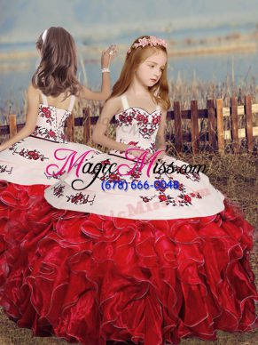 Ball Gowns Little Girls Pageant Dress Red Straps Organza Sleeveless Floor Length Lace Up