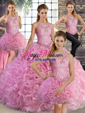 Scoop Sleeveless Lace Up Ball Gown Prom Dress Rose Pink Fabric With Rolling Flowers