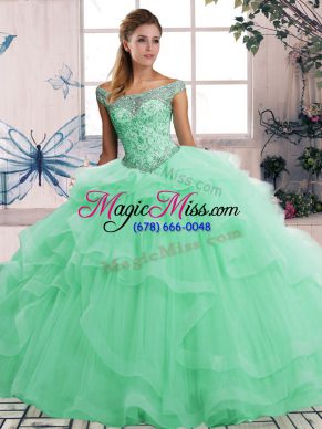 Off The Shoulder Sleeveless Tulle 15 Quinceanera Dress Beading and Ruffles Lace Up