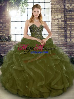 Olive Green Sweetheart Lace Up Beading and Ruffles Quinceanera Dress Sleeveless