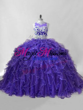 Fabulous Beading and Ruffles Sweet 16 Dress Purple Zipper Sleeveless Brush Train