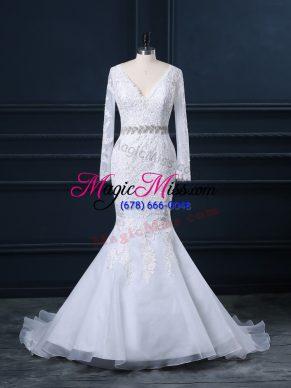 Discount White Wedding Gowns Organza Brush Train Long Sleeves Beading and Lace