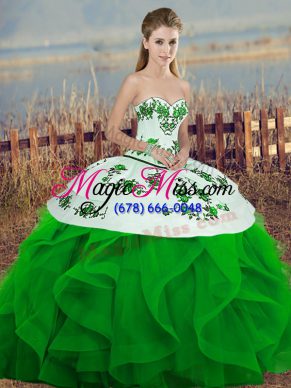 Luxury Green Ball Gowns Sweetheart Sleeveless Tulle Floor Length Lace Up Embroidery and Ruffles and Bowknot 15th Birthday Dress