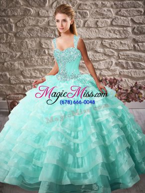 Elegant Sleeveless Court Train Beading and Ruffled Layers Lace Up Sweet 16 Dresses