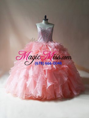 Beading and Ruffles Quinceanera Gowns Pink Lace Up Sleeveless Floor Length