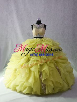 Simple Yellow Green Scoop Zipper Beading and Ruffles Sweet 16 Dresses Brush Train Sleeveless