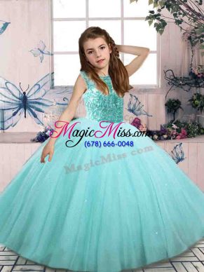 Simple Aqua Blue Little Girls Pageant Gowns Party and Wedding Party with Beading Scoop Sleeveless Lace Up