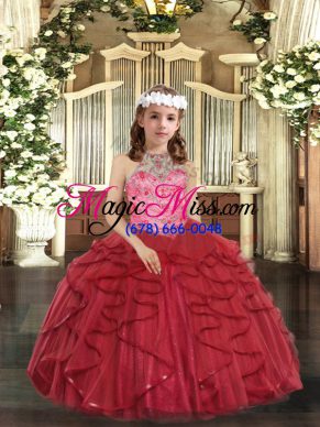 Red Girls Pageant Dresses Party and Sweet 16 and Wedding Party with Beading and Ruffles Halter Top Sleeveless Lace Up