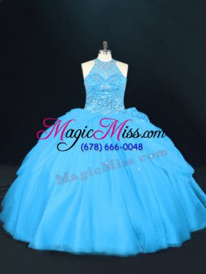 Hot Selling Aqua Blue Halter Top Lace Up Beading Ball Gown Prom Dress Sleeveless