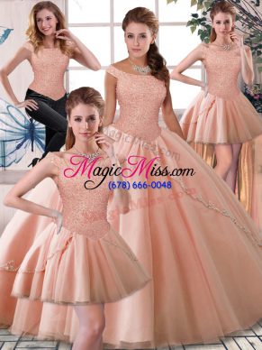 Custom Fit Sleeveless Beading Lace Up Sweet 16 Dress with Peach Brush Train