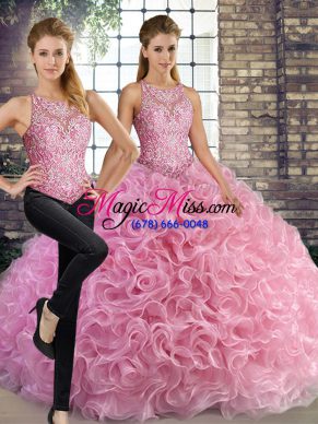 Suitable Scoop Sleeveless Lace Up Sweet 16 Dresses Rose Pink Fabric With Rolling Flowers