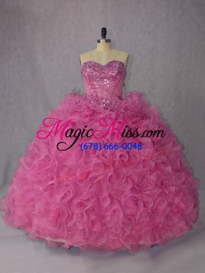 Sleeveless Brush Train Lace Up Beading and Ruffles Quince Ball Gowns