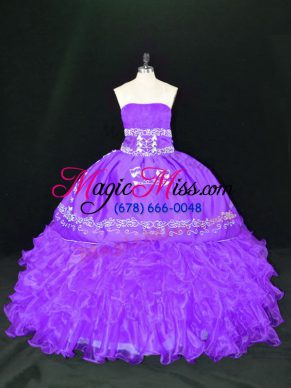 Dynamic Lavender Ball Gowns Organza Strapless Sleeveless Embroidery and Ruffles Floor Length Lace Up Sweet 16 Dresses