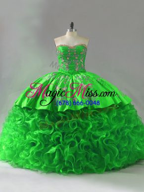 Gorgeous Sweetheart Sleeveless Quince Ball Gowns Brush Train Embroidery and Ruffles Fabric With Rolling Flowers