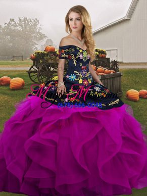 Custom Fit Floor Length Black And Purple Quinceanera Dresses Off The Shoulder Sleeveless Lace Up