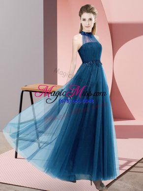 Excellent Blue Halter Top Neckline Beading and Appliques Vestidos de Damas Sleeveless Lace Up