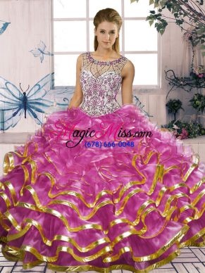 Customized Fuchsia Scoop Lace Up Beading and Ruffles Sweet 16 Quinceanera Dress Sleeveless