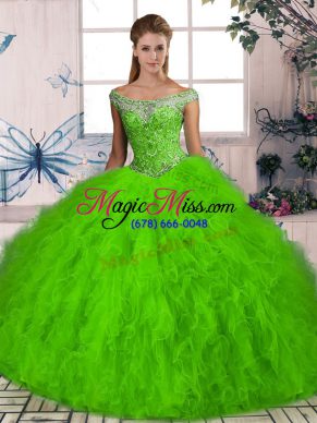 Romantic Sleeveless Brush Train Lace Up Beading and Ruffles 15th Birthday Dress