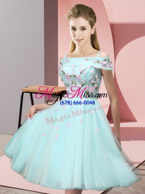 Off The Shoulder Short Sleeves Lace Up Bridesmaids Dress Aqua Blue Tulle