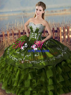 Excellent Olive Green Sweet 16 Dresses Sweet 16 and Quinceanera with Embroidery and Ruffles Sweetheart Sleeveless Lace Up