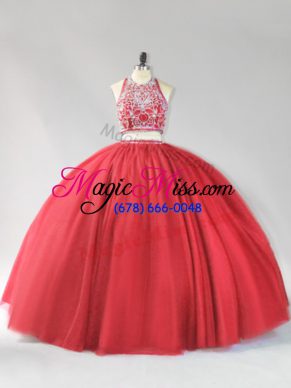 Eye-catching Floor Length Red Quinceanera Dresses Tulle Sleeveless Beading