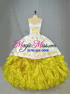 Satin and Organza Sleeveless Quinceanera Dress Brush Train and Beading and Embroidery and Ruffles