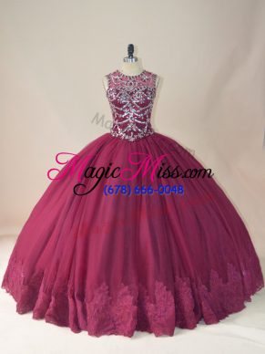 Dazzling Beading and Appliques Quinceanera Dress Burgundy Lace Up Long Sleeves Floor Length