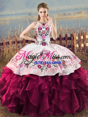 Halter Top Sleeveless Organza Quince Ball Gowns Embroidery and Ruffles Lace Up