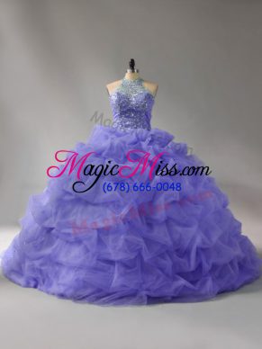 Lavender Sleeveless Court Train Beading and Pick Ups Ball Gown Prom Dress