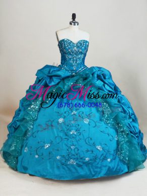 Pretty Teal Taffeta Lace Up Sweet 16 Dress Sleeveless Floor Length Beading and Embroidery and Pick Ups