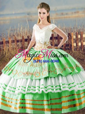 Apple Green Satin Lace Up V-neck Sleeveless Floor Length Quinceanera Dress Embroidery and Ruffled Layers