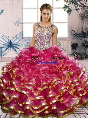 Scoop Sleeveless Organza Quinceanera Gowns Beading and Ruffles Lace Up