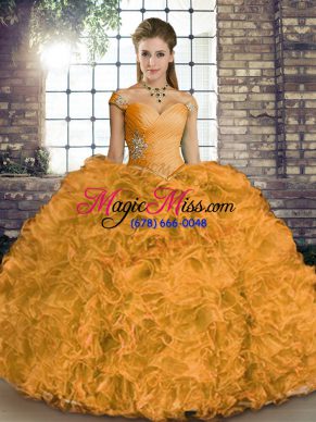 Suitable Ball Gowns Sweet 16 Dress Orange Off The Shoulder Organza Sleeveless Floor Length Lace Up