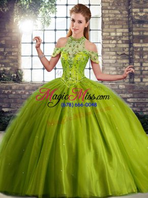 Fancy Olive Green Ball Gowns Tulle Halter Top Sleeveless Beading Lace Up Quince Ball Gowns Brush Train