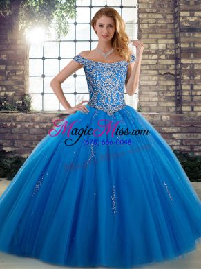 Hot Selling Blue Ball Gowns Tulle Off The Shoulder Sleeveless Beading Floor Length Lace Up Quinceanera Gown