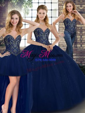 Latest Beading Quinceanera Gowns Navy Blue Lace Up Sleeveless Floor Length