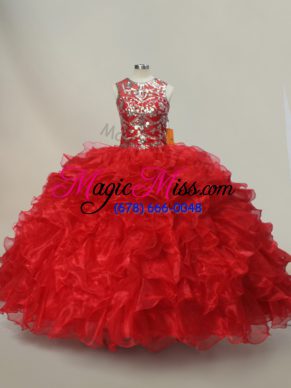 Red Sleeveless Organza Lace Up Quinceanera Dress for Sweet 16 and Quinceanera