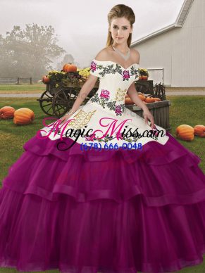 Fuchsia Vestidos de Quinceanera Tulle Brush Train Sleeveless Embroidery and Ruffled Layers