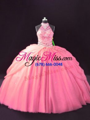 Pretty Pink Quinceanera Gowns Tulle Sleeveless Beading and Pick Ups