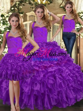 Trendy Three Pieces Quinceanera Dress Purple Halter Top Organza Sleeveless Floor Length Lace Up