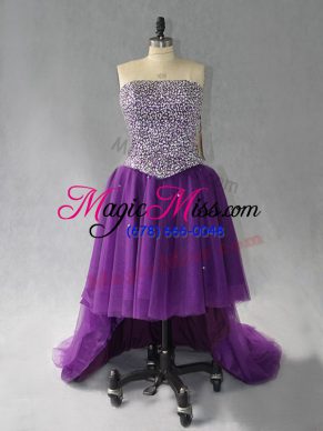 Purple Lace Up Strapless Beading Prom Dresses Tulle Sleeveless