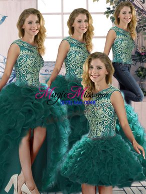 Peacock Green Scoop Neckline Beading and Ruffles Sweet 16 Dresses Sleeveless Lace Up