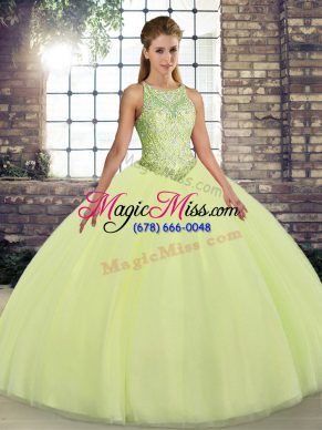 Ideal Yellow Green Ball Gowns Tulle Scoop Sleeveless Embroidery Floor Length Lace Up Quinceanera Gowns