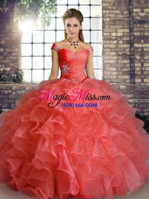 On Sale Watermelon Red Sleeveless Beading and Ruffles Floor Length Sweet 16 Dresses