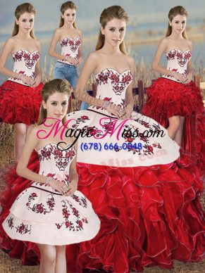 Simple White And Red Lace Up Sweetheart Embroidery and Ruffles and Bowknot Quinceanera Dress Organza Sleeveless