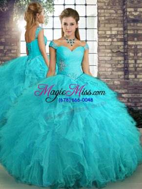 Dramatic Floor Length Lace Up Sweet 16 Quinceanera Dress Aqua Blue for Military Ball and Sweet 16 and Quinceanera with Beading and Ruffles