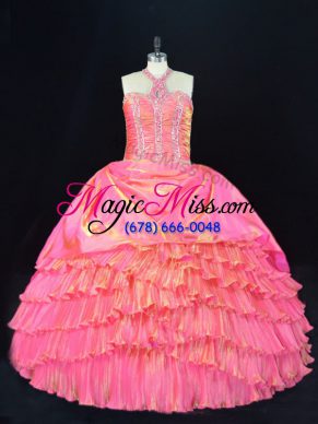 Custom Made Pink Sleeveless Floor Length Beading and Ruffled Layers Lace Up Sweet 16 Quinceanera Dress