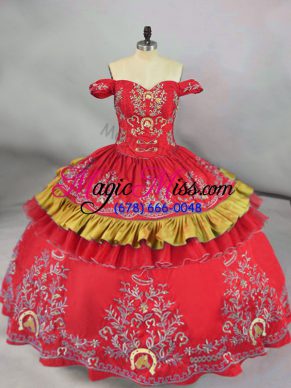 Discount Sleeveless Floor Length Embroidery Lace Up Sweet 16 Dress with Red