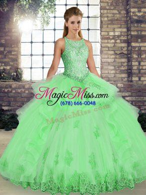 Sleeveless Tulle Floor Length Lace Up Quinceanera Gowns in with Lace and Embroidery and Ruffles