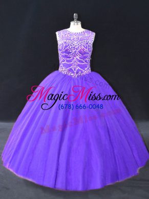 Elegant Floor Length Purple Sweet 16 Dresses Tulle Sleeveless Beading